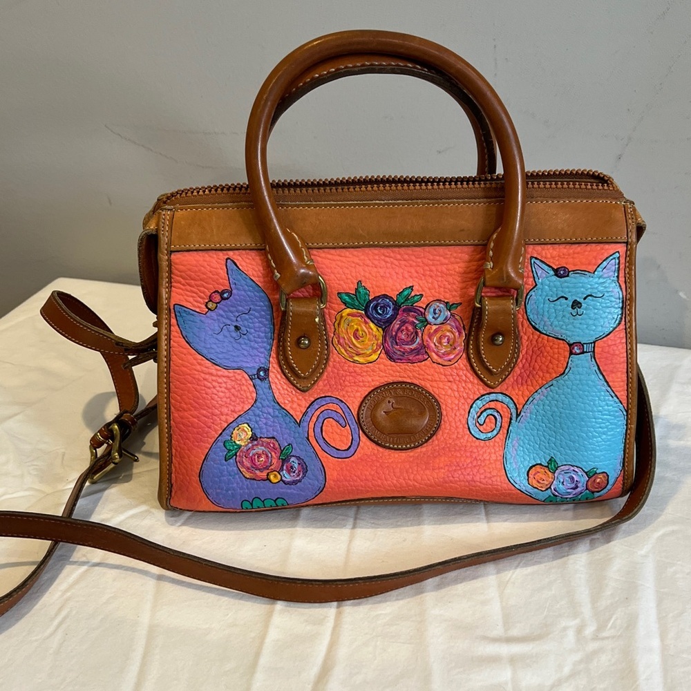 Vintage 90s Dooney & Burke double handle pebbled leather hand painted satchel - Picture 3 of 17